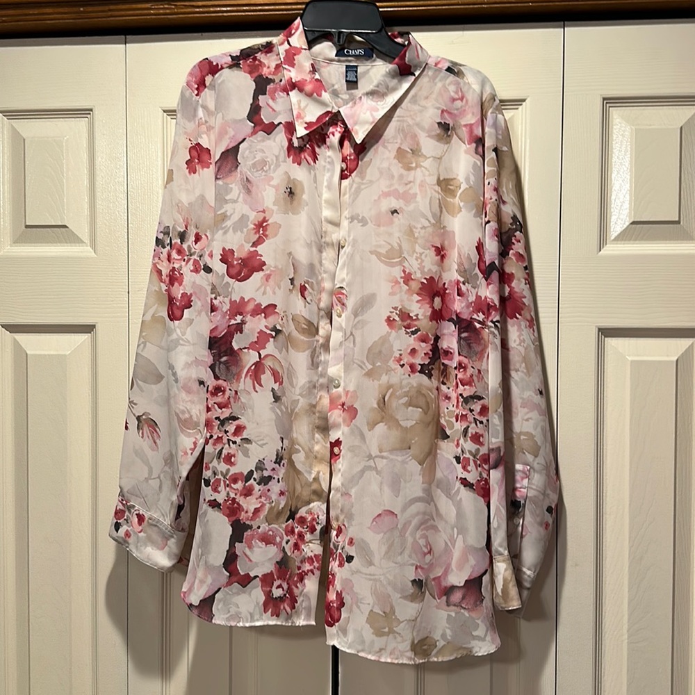 Chaps plus size women’s blouse, size 3X floral, print pink cream and tan